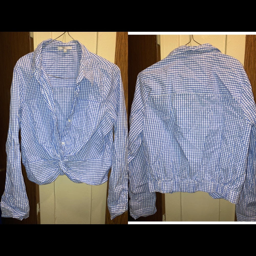 Blue and white checkered print cropped blouse